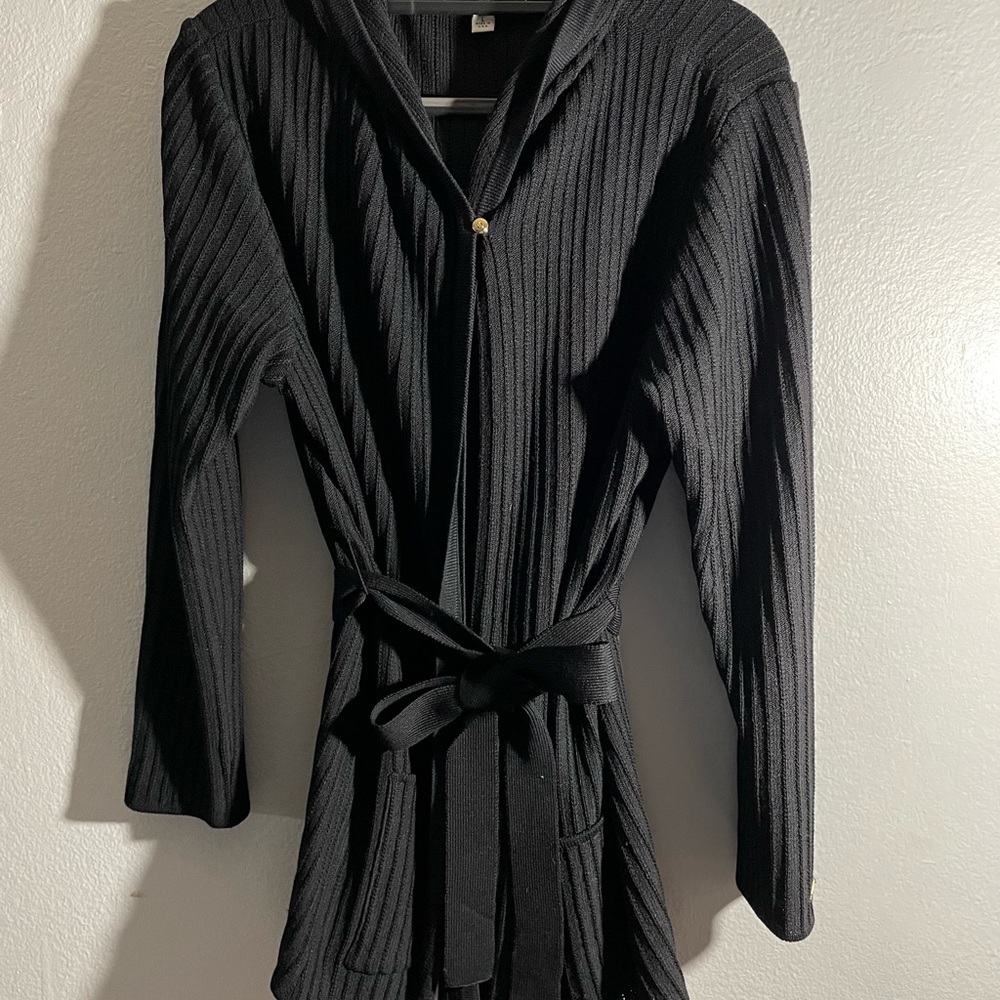 St. John Sport Marie Gray Hooded Tie Waist Cardigan